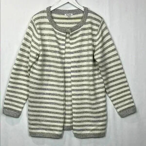Baciano Womens Cardigan L Gray & White Open Front Long Lines Ribbed Cuffs & Hem